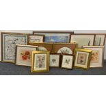 A group of framed tapestries and prints, largest frame size 54 x 66cm.
