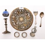 A 19th century pierced bronze dish with a pair of silver rimmed salts, silver serving spoon and fork