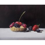 Nicola Currie, "Summer Fruits Tart", oil on gesso board, 25 x 20cm, c. 2018. Summer Fruits Tart is a