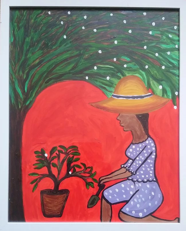 Chinwe Russell, "The Tree Whisperer", acrylic on paper, 54 x 44cm, c. 2020. This image is inspired