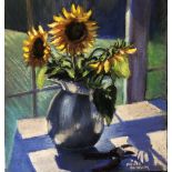 Laurie Basham, "Cut Sunflowers", pastel, 10 x 9in, c. 2020. Cut sunflowers in a metal pitcher