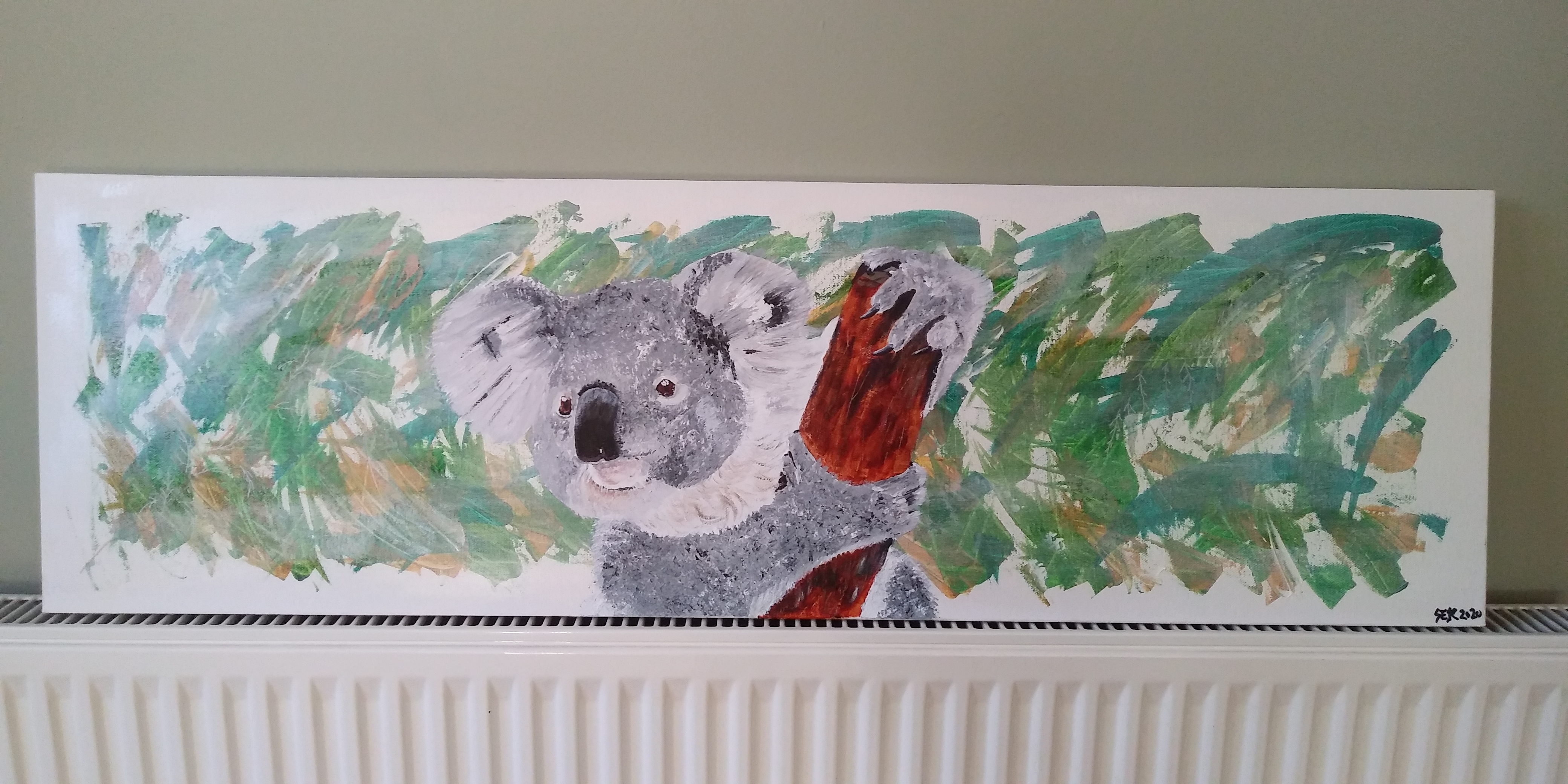 Sharon Raymond, "Koala Love", acrylic on canvas, 30 x 100cm, c. 2020. I used acrylics and pens for