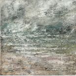 Andrea Scott, "Outward Bound", acrylic on canvas, 90 x 90cm, c. 2021. Incoming tide on a stormy day.