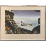 A framed watercolour of fighter jets, frame size 63 x 48cm, signed R. Figg '80.