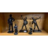 A pair of 1930's bronzed metal gladiator figures, H.28cm, together with a further spelter figure,