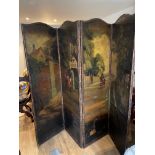 A large Victorian hand painted four fold wood and leather screen, H. 182cm (A/F to some of the