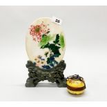 A Chinese hand painted marble table screen with carved soapstone stand, H. 27cm, together with a