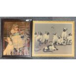 A framed 19th century print of a young girl with a violin, frame size 48 x 58cm, together with a