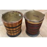 Two Dutch slatted wooden ice buckets with brass liners, H. 33cm.