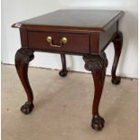 A ball and claw foot inlaid mahogany side table with single drawer, 54 x 66 x 59cm.