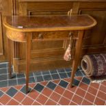 A burr walnut veneered single drawer console table, W. 92cm.