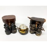 Two pairs of antique field glasses and a telegraph works morse tapper.