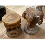 Two Eastern carved teak elephant stools, tallest H. 51cm.