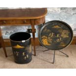 A Toleware fire screen / tea table Dia. 48cm, together with a large waste bin, H. 57cm.