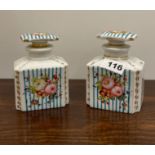 A pair of 19th century French hand painted bathroom bottles, H. 13cm.