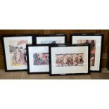 A group of five framed reproduction Japanese wood block prints, frame size 43 x 34cm.