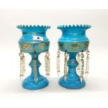 A pair of Victorian opaline blue glass lustres, H. 25cm.