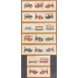 Six frames containing 19 framed prints of steam engines and buses, largest 60 x 17cm.