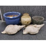 Two vintage concrete garden conch shells, L. 35cm and three other items.