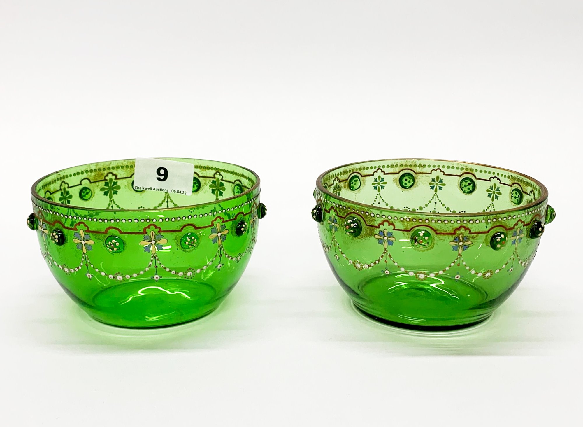 A lovely pair of 19th century 'beaded' glass bowls, Dia. 12.5cm H. 7.5cm.