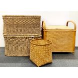 Two large baskets, 60 x 43 x 31cm, with a cane linen box and a bamboo waste basket.