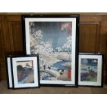 A large framed reproduction Japanese wood block print, frame size 66 x 92cm, together with four