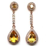 A pair of 925 silver rose gold gilt drop earrings set with pear cut citrines and white stones, L.