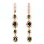 A pair of 925 silver rose gold gilt drop earrings set with pear and round cut chrome diopsides, L.