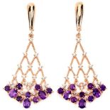 A pair of long 925 silver rose gold gilt drop earrings set with round and oval cut amethysts and