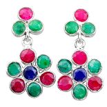 A pair of 925 silver drop earrings set with emeralds, rubies and sapphires, L. 4cm.