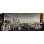 A silver plated cruet set and a quantity of other silver plate.
