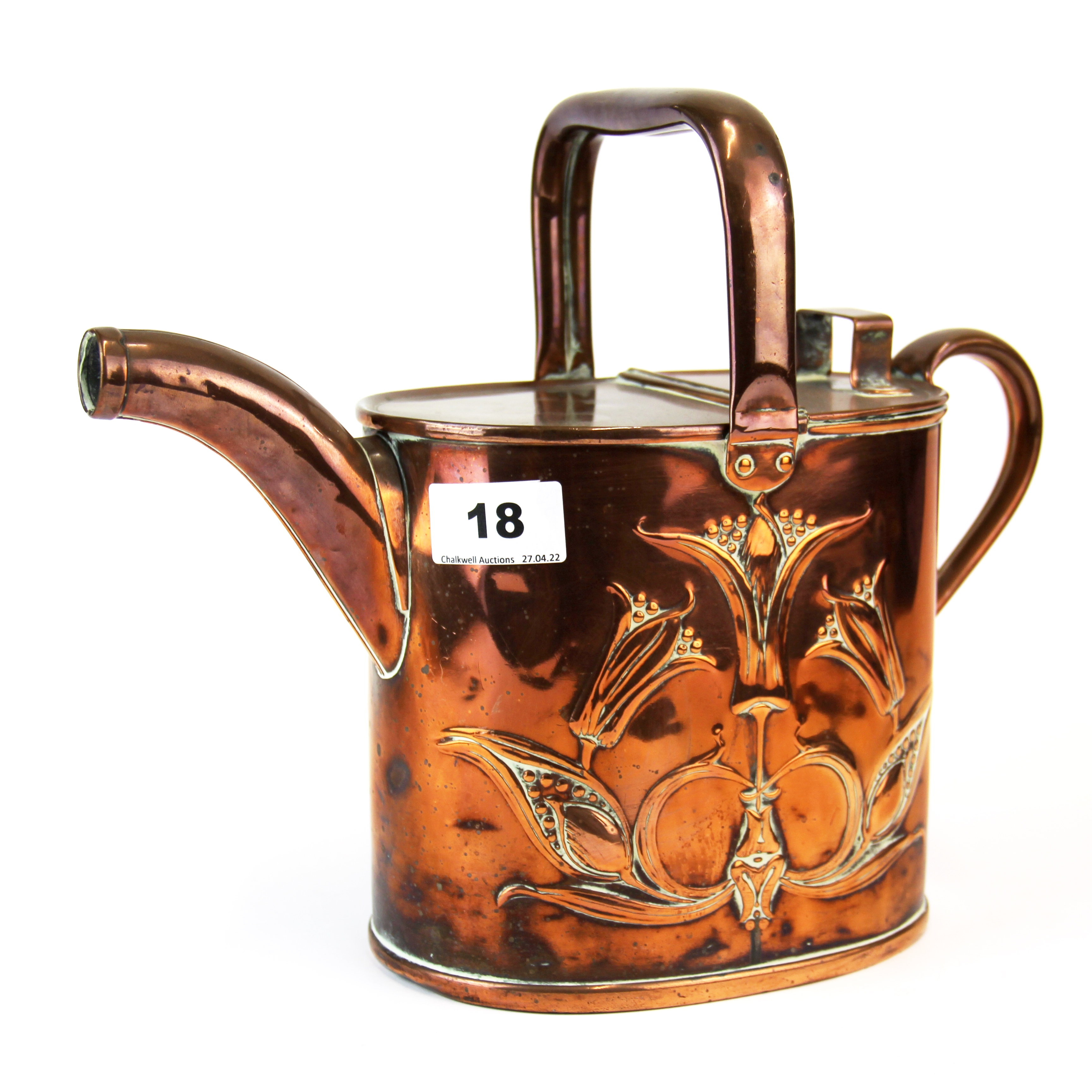 An Art Nouveau hammered copper watering can, Rd 442771 by J.S. & S, H. 24cm.