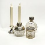 A group of three hallmarked silver topped items, tallest H. 14cm, with a pair of hallmarked silver