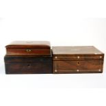 A Victorian mother of pearl inlaid rosewood veneered workbox, 30 x 21 x 12cm, together with two