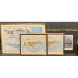 Three framed maps of the Port of London c. 1968, together with a framed Anthony Flemming print of