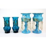A pair of Victorian opaline blue glass lustres, H. 25cm, together with a pair of 19th century hand