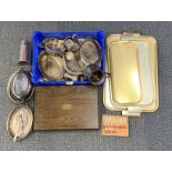 An oak cased cutlery set, together with a quantity of silver plate and three vintage trays.