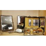 A 1930's travelling set with a silver plated hand mirror, two folding mirrors, mirror H. 28cm.