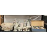 A boxed vintage child's porcelain tea set, two Nao porcelain figures and other porcelain items.