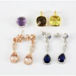 Three 925 silver pendants, set with lemon quartz, amethyst and smokey quartz, together with two