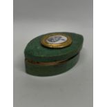 A late 18th century French Shagreen decorated box with an Ormolu mounted enamelled miniature, 12 x 7