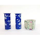 A pair of Chinese handpainted porcelain cylinder vases, H. 16cm (one A/F), together with a pierced