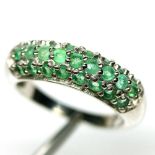 A 925 silver ring set with three rows of emeralds, (M.5).