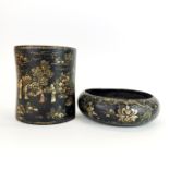 A Chinese lacquered wooden brush pot, H.14cm, and bowl.