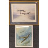 A framed oil on canvas mounted on board of WWII fighter aeroplanes by Alex Leonard, together with