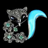 A 925 silver and marcasite squirrel shaped brooch set with turquoise, emerald and onyx, L. 3.4 x 1.