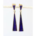 A pair of 1970's 9ct yellow gold lapis lazuli set drop earrings, L. 4.5cm.