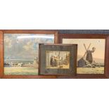 Two oak framed 1920's prints of windmills with a further oak framed print, largest 69 x 60cm.