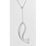 An 18ct white gold diamond set fish drop pendant on chain with circle diamond set disc. there is 7