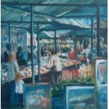 "Market Stalls", acrylic on canvas, 40 x 40cm, c. 2012. Plein-air painting while minding the gallery